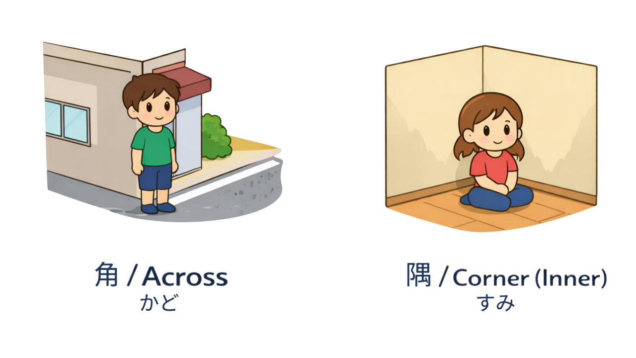 日語方位詞例句：房子的轉角（外角）有一個男孩，房間的角落坐著一個女孩
